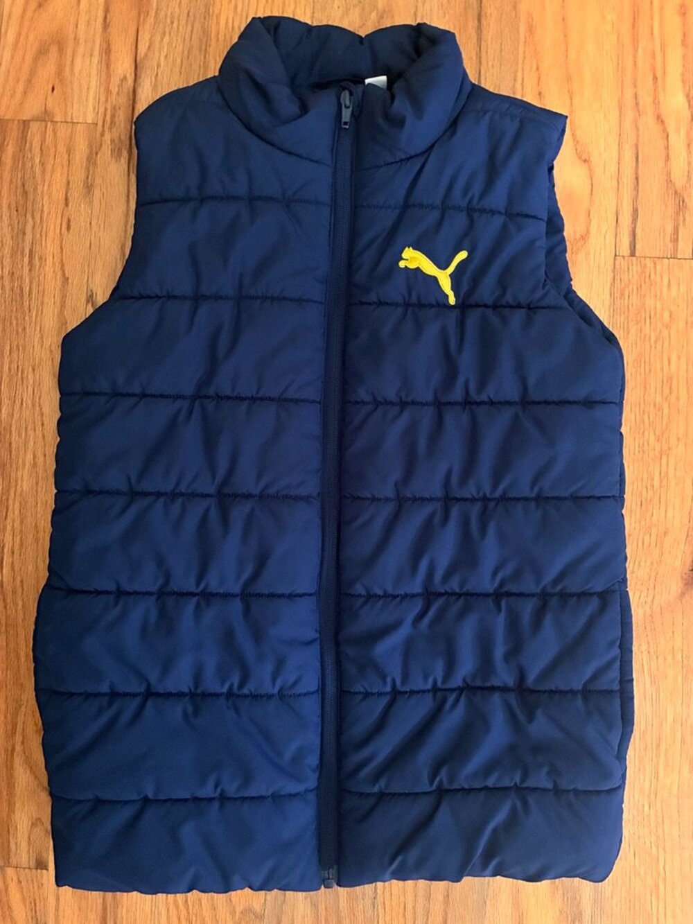 PUMA Youth Navy Puffer Vest Yellow Logo Size Medium 10/12